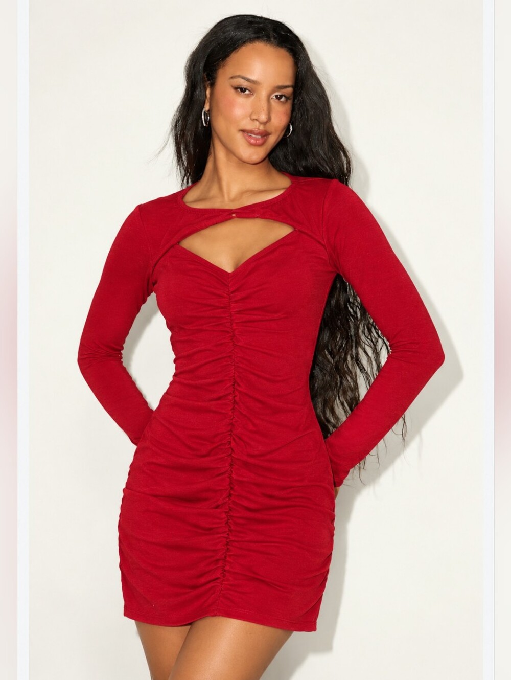Heart Hips Dark Red Y2K Stretchy Ruched Goth Romantic Crimson Party Mini Dress L